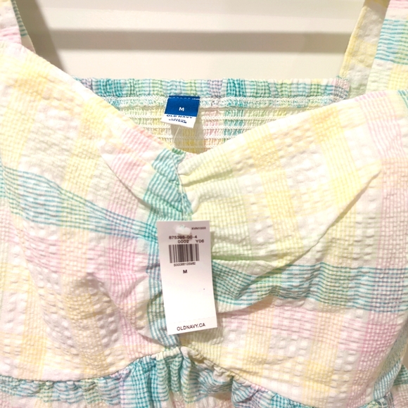 Old Navy Puff Sleeve Seersucker Babydoll Swing Blouse Pastel Plaid Size Medium - Picture 3 of 3